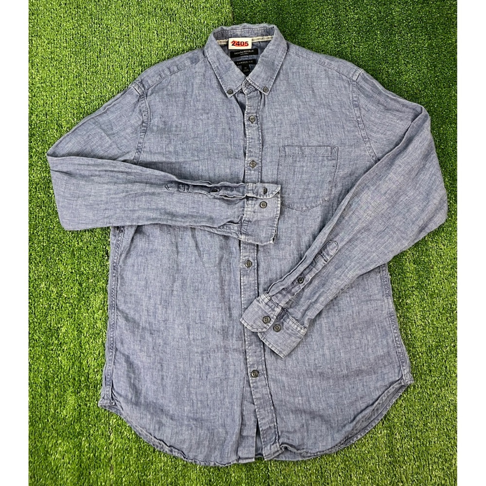 Banana Republic Mens Medium Camden Fit 100% Linen Blue Long Sleeve Button Shirt